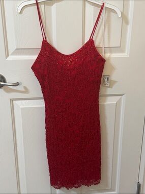Red Lace Slim Slip Dress with Spaghetti Straps